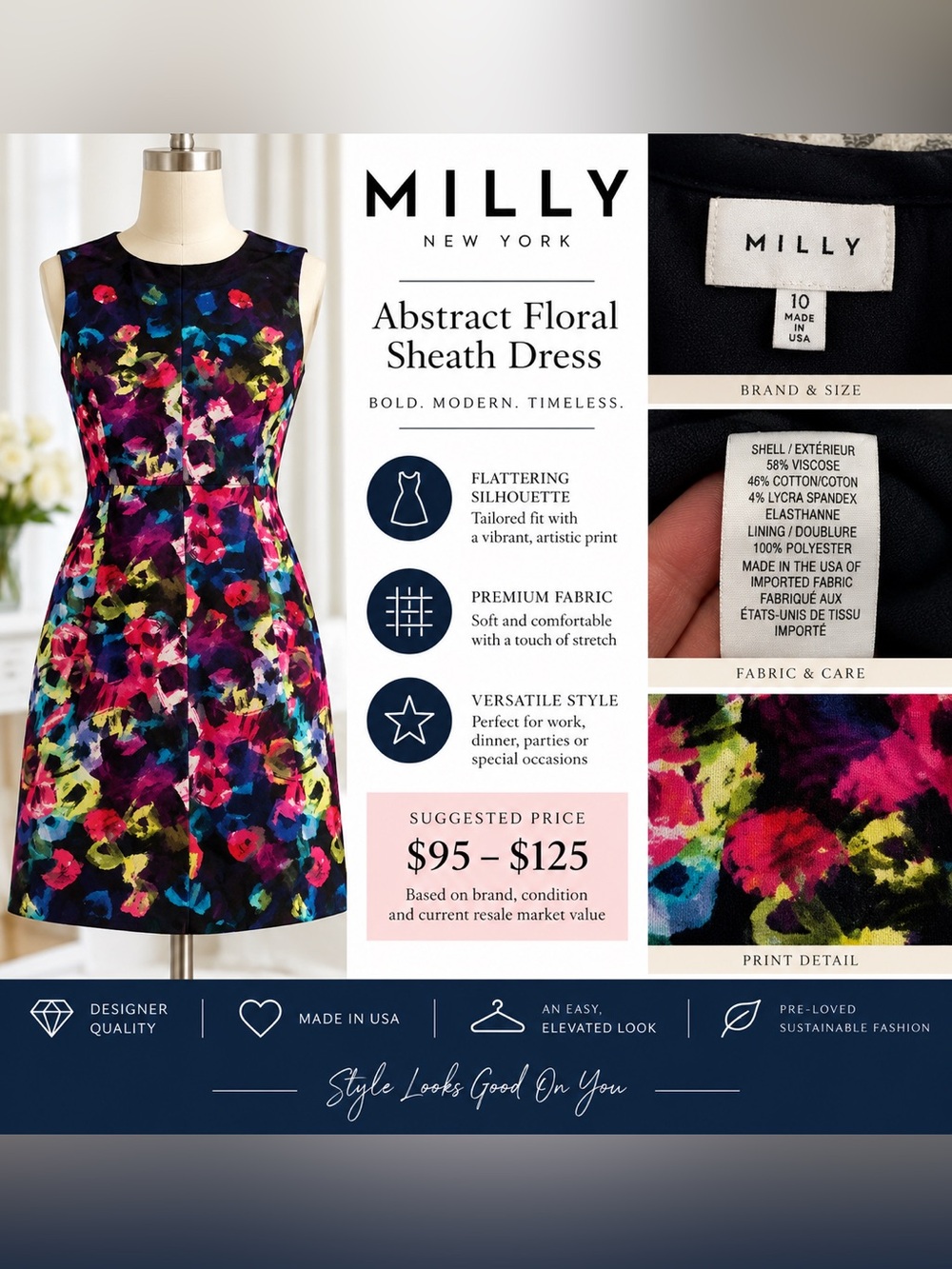 #0383 Milly New York Abstract Floral Sleeveless Dress – Size 10 – Made in USA
